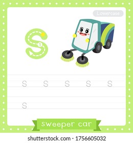 Letter S lowercase cute children colorful transportations ABC alphabet tracing practice worksheet of Sweeper Car for kids learning English vocabulary and handwriting Vector Illustration.
