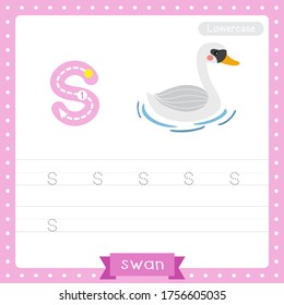 Letter S lowercase cute children colorful zoo and animals ABC alphabet tracing practice worksheet of Swan for kids learning English vocabulary and handwriting vector illustration.