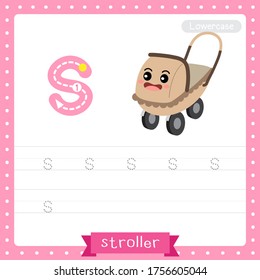 Letter S lowercase cute children colorful transportations ABC alphabet tracing practice worksheet of Stroller for kids learning English vocabulary and handwriting Vector Illustration.