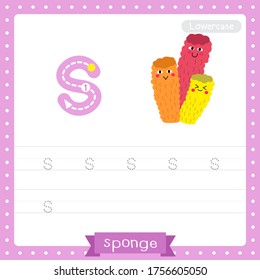 Letter S lowercase cute children colorful zoo and animals ABC alphabet tracing practice worksheet of Colorful Sponge for kids learning English vocabulary and handwriting vector illustration.
