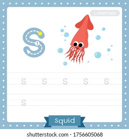 Letter S lowercase cute children colorful zoo and animals ABC alphabet tracing practice worksheet of Squid for kids learning English vocabulary and handwriting vector illustration.