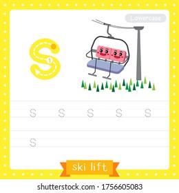 Letter S lowercase cute children colorful transportations ABC alphabet tracing practice worksheet of Ski Lift for kids learning English vocabulary and handwriting Vector Illustration.