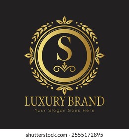 Letter S Luxury brand logo design with a royal gold crown emblem and elegant typography
