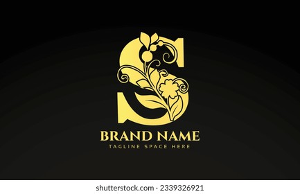 Letter S luxury floral logo design template with gold color