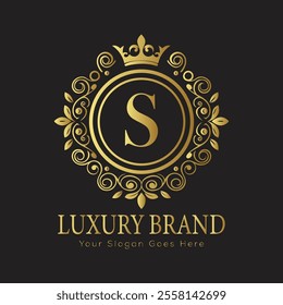 Letter S luxury gold logo concept brand logo design with a royal gold crown emblem and elegant typography
