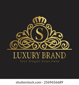 Letter S luxury gold logo concept brand logo design with a royal gold crown emblem and elegant typography
