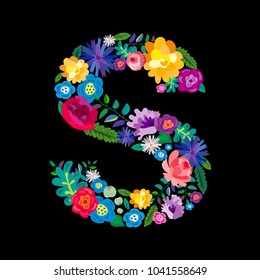 The letter "S" made of flowers on a black background. The letter of the English alphabet. Bright floral print. Great for T-shirts, cards and more.