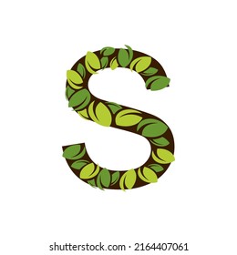 Letter S made from green leaves on a white background. Isolated tree in the shape of the letter S with green leaves vector illustration