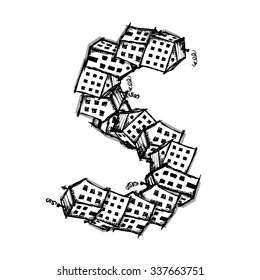 Letter S made from houses, vector alphabet for your design