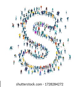 Letter S made of many little people, crowd creation. Lots of busy people in the letter shape. 