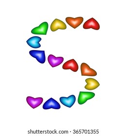 Letter S made of multicolored hearts on white background