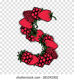 Letter S made from red berries, sketch for your design.. Vector illustration