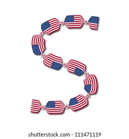 Letter S made of USA flags in form of candies on white background