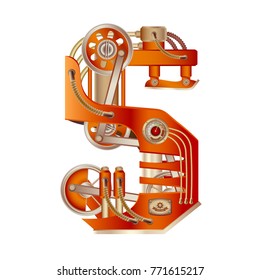 The letter S of mechanic alphabet. Steampunk font style. Mechanical design. Made in the form of a mechanism with moving and stationary parts with tubes, gears and pistons in red casing.