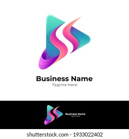Letter S media play logo design template with gradient color
