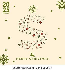Letter S from merry Christmast Winter icons in abstract modern geometric flat style. Christmas tree and Christmas box. Bauhaus design. Happy holidays. Seasons greetings.Vector illustration set.