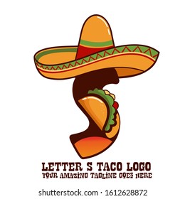 Letter S Mexican Meat Taco Dishes with Sombrero Hat Vector Logo Design Illustration Food on White Background for Restaurant and Cafe. Initial Typography Logotype Template