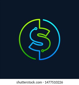 Letter S mono line logo with element chip,dollar icon, Chip concept , Circle shape symbol, green and blue color, Technology and digital abstract dot connection - vector