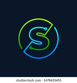 Letter S mono line logo with element chip,Chip icon , Connect concept , Circle shape symbol, green and blue color, Technology and digital abstract dot connection - vector