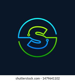 Letter S mono line logo with element chip, Connect concept , Circle shape symbol, green and blue color, Technology and digital abstract dot connection - vector