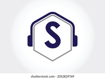 Letter S monogram alphabet with a headphone. Headphone Logo vector icon symbol. Music sign symbol. Font emblem. Design element for poster, banner, t-shirt, notebook cover, sticker, greeting card, bag,