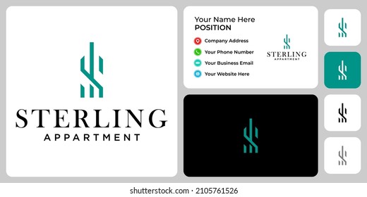 Diseño de logotipo de apartamento monograma Carta S con plantilla de tarjeta de visita.