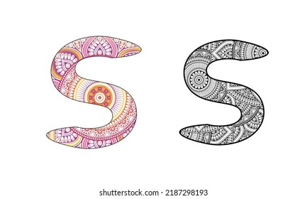 Monograma de la letra S con mandala, diseño grabador. Ilustración vectorial para colorear. Conjunto de colores y contorno