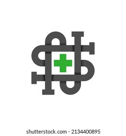 letter S and N monogram logo with a green cross shape.