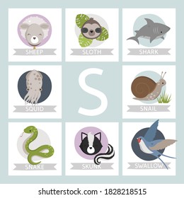 Letter S named animals. Cute animals alphabet for kids from A to Z. Cartoon animals card. Vector illustration