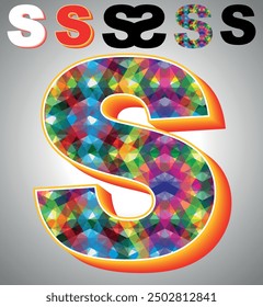 Letter S on triangular pattern mosaic royalty vector, Colorful triangles form S mosaic design, This graphic design is set against S white triangular background, Polygonal 3D Alphabet S, Letter A to Z.