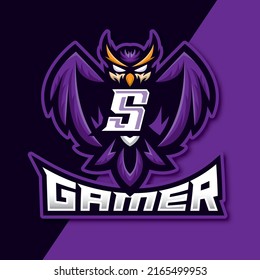 Letter S Owl Mascot esport gaming logo design, owl night bird illustration, bird gamer esport logo