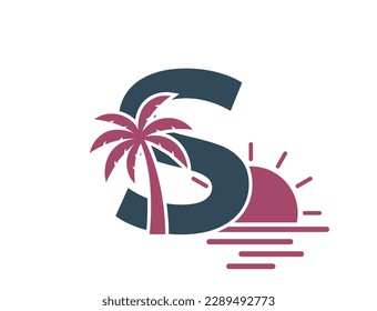 letter s with palm tree, sea and sun. vacation and resort alphabet logo. summer and exotic tourism design. isolated vector image