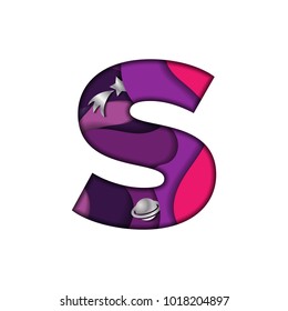 Letter S in paper cut style. Realistic cosmic papercut design of alphabet symbol on white background. Colorful multi layers 3D effect. Font element for festive or greeting card. Vector illustration.