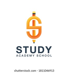 Buchstabe S mit Bleistiftlogo. Studienlogo-Design, Vektorgrafik-Vorlage