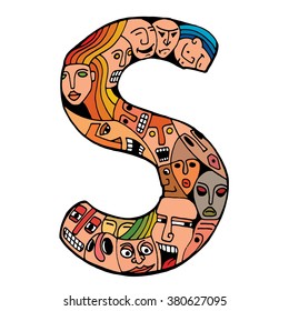 Letter S. People crowd. Isolated alphabet design. Hand drawn vector illustration in cartoon style