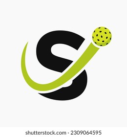 Letter S Pickleball Logo Concept With Moving Pickleball Symbol. Pickle Ball Logotype