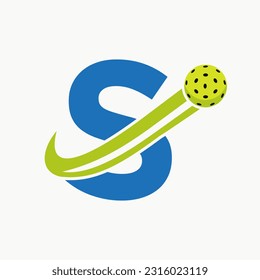 Letter S Pickleball Logo Concept With Moving Pickle Ball Symbol. Pickle Ball Logotype