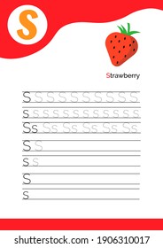 Letter S with a picture of strawberry and seven lines of letter R writing practice. Handwriting practice and alphabet learning. Vector illustration.