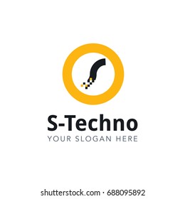 Letter S Pixel Logo Design Template With Yellow Circle Isolated on White Background. Vector Illustration