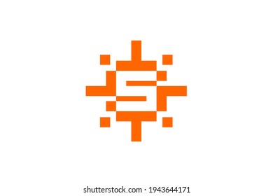letter s with a pixel style. sun vector illustration. good for any company with a technology or video games themed.