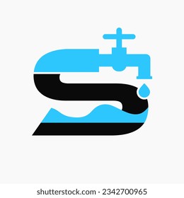 Diseño del logotipo del plomo de la letra S. Símbolo del logotipo de fontanería con icono de salto de agua y agua