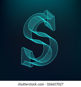 The letter S. Polygonal letter. Low poly model. The three-dimensional mesh. Volume mesh character