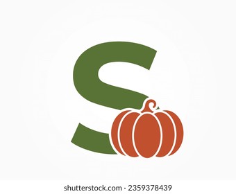 letra s con calabaza. logotipo del alfabeto vegetal y de alimentos orgánicos. agricultura y diseño de cosecha. símbolo de halloween. imagen vectorial aislada