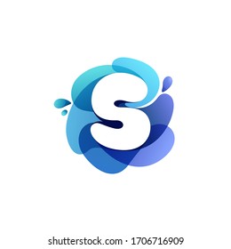 Letter S pure water logo. Swirling overlapping shape with splashing drops. Vector icon perfect for eco identity, marine posters and cleaning labels, etc.