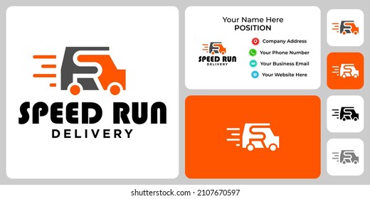 Letter S R Monogram Truck Delivery Logo Design With Business Card Template.