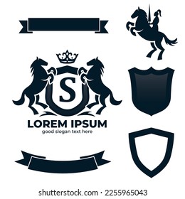 Letter S Retro Crest With Shield And Two Horses Vector, heraldic shield with crown, horse silhouette