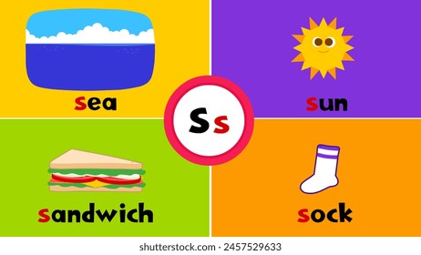Letter S s, sea, sandwich, sun, sock, Flashcard, Alphabet, Kids, Learning, Teaching, Vocabulary
