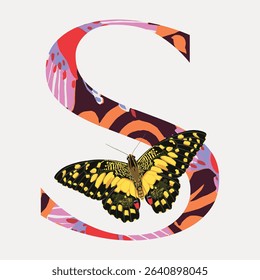 Letter S in Seguy Papillons art alphabet illustration isolated on white, vector. 