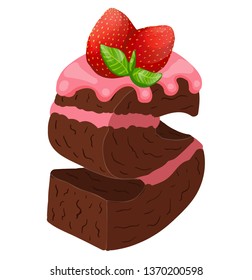 Letter S in the shape of a chocolate cake with pink cream, strawberries, mint, tasty letter isolated on a white background, stock vector illustration, for food and decor, print, sticker, 3D