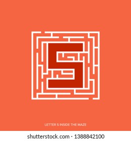 Letter S shape Maze Labyrinth, maze with one way to entrance and one way to exit. Flat design, vector illustration.